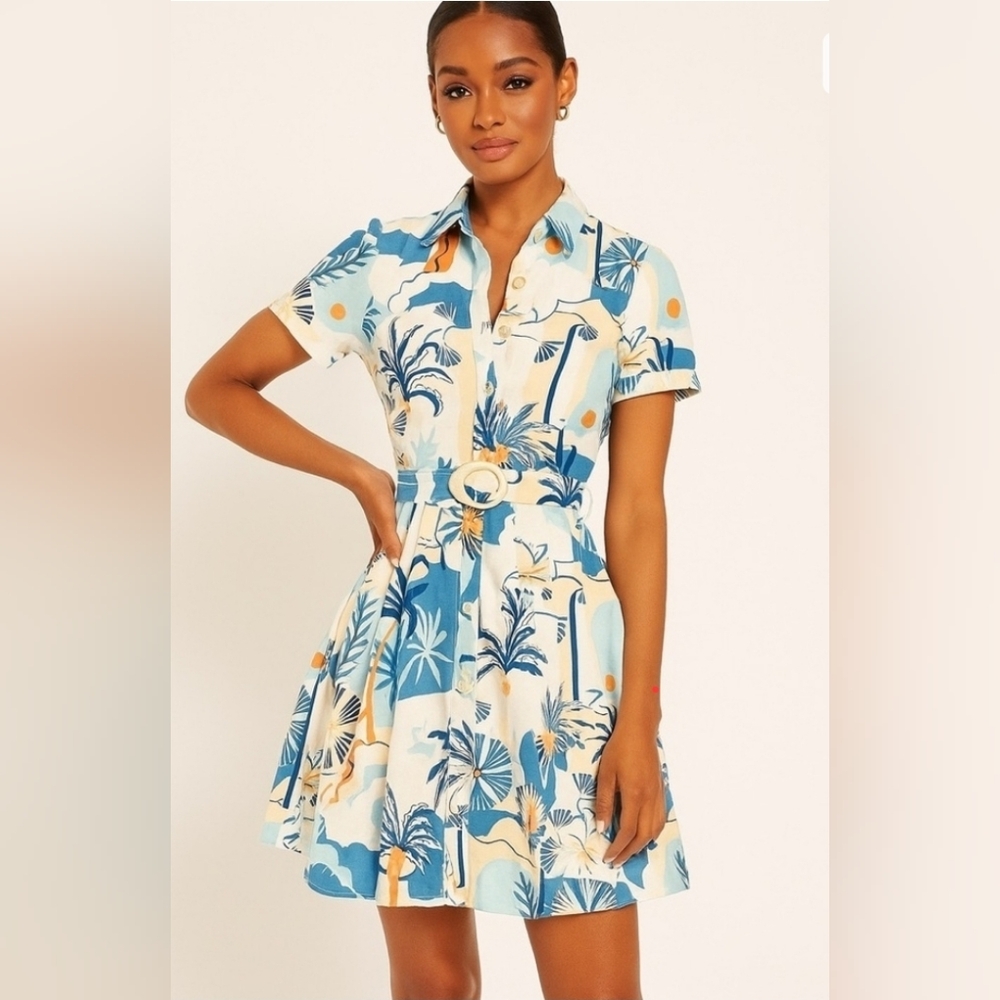 Nicole Miller Linen Blue and Cream Tropical Mini Dress